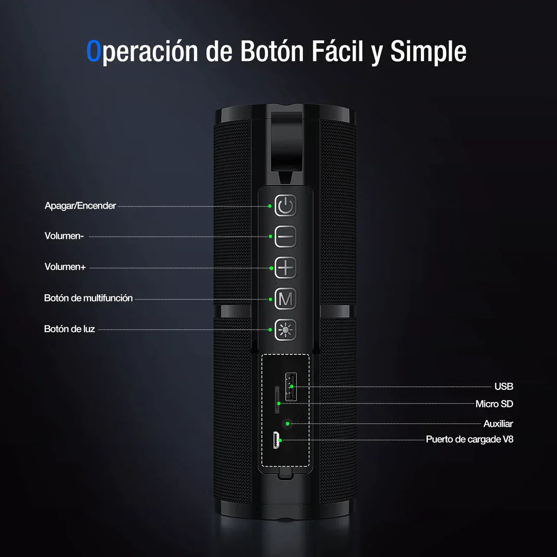 Bocina Bluetooth Portátil 1Hora Bluetooth 5.1 Estéreo HD Reproducción Manos Libres 2400mAh.