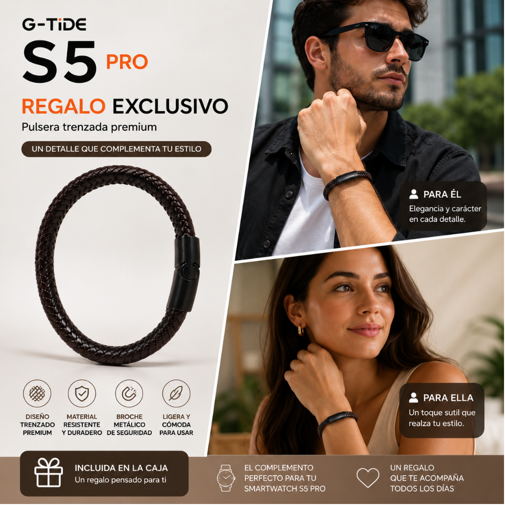 SMARTWATCH G-TIDE S5 PRO (CORREAS: CUERO, MARFIL, NARANJA) + AUDIFONOS REDMI BUDS 6 PLAY (NEGRO)