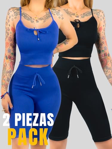 Set De 2 Conjunto Deportiva Mujer Short Y Blusa Stretch Fit Push Up