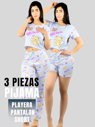 Pijama De 3 Piezas Mujer Pantalon Short Y Playera A Juego