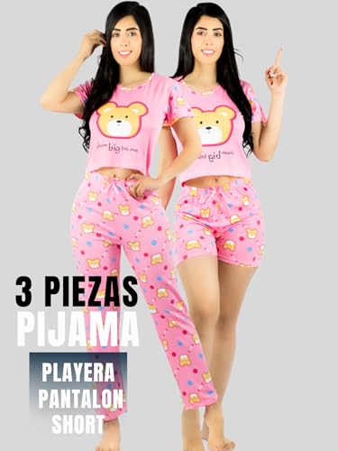 Pijama De 3 Piezas Mujer Pantalon Short Y Playera A Juego
