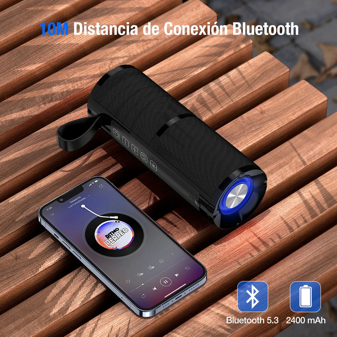 Bocina Bluetooth Portátil 1Hora  Bluetooth 5.1  Estéreo HD Reproducción Manos Libres 2400mAh.