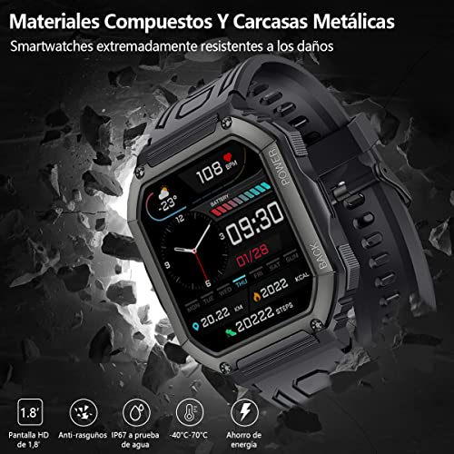 Reloj Inteligente,Smartwatch Militar de 1.8" HD Pantalla con Llamada Bluetooth,Rastreador de Actividad física Impermeable IP67,100+ Modos Deportivos para iPhone Android.（KR06）