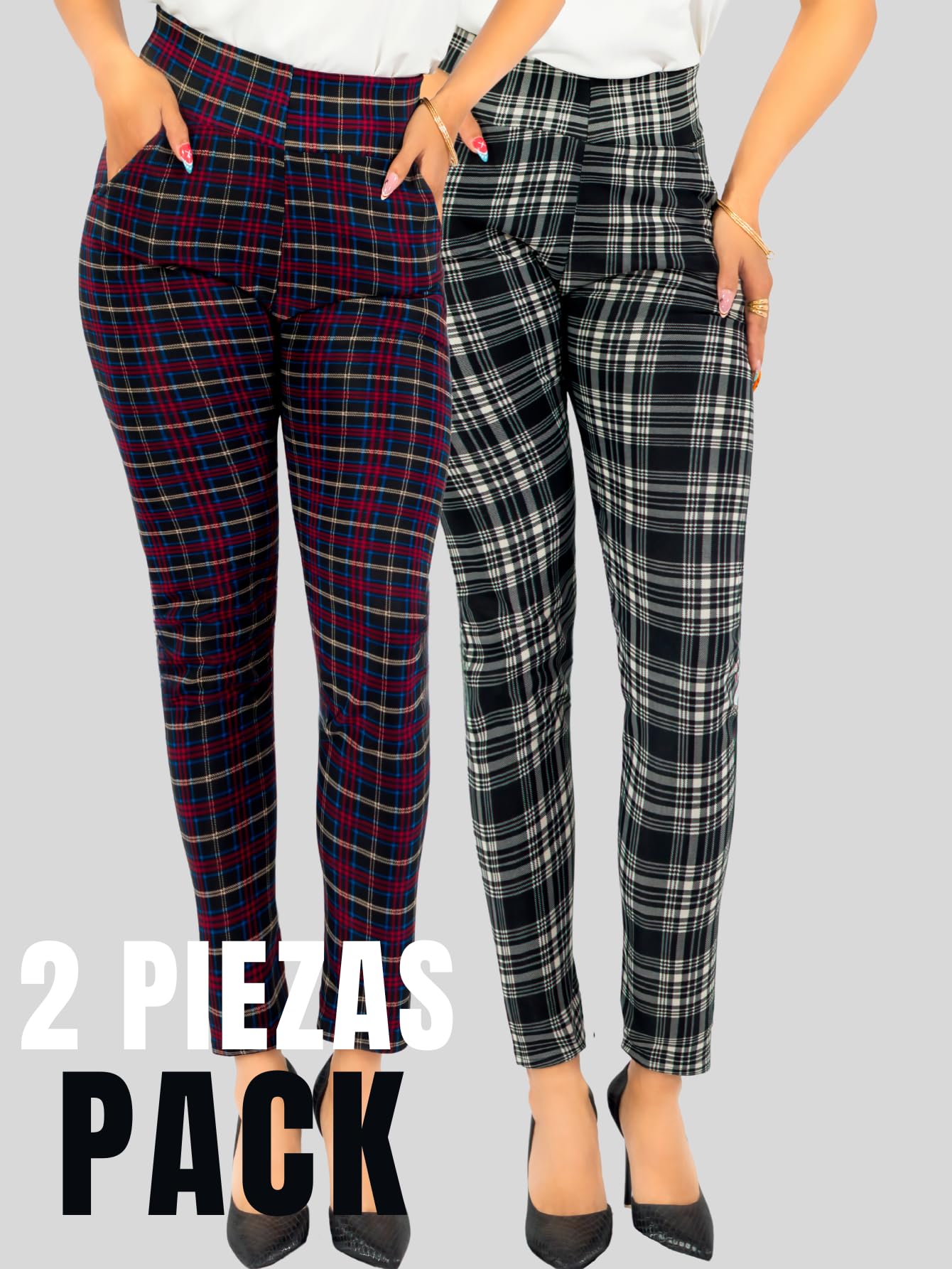 Set De 2 Leggings Elegantes Jegging Mujer a Cuadros Stretch Looks Formal y Casual Mayón y Mallones