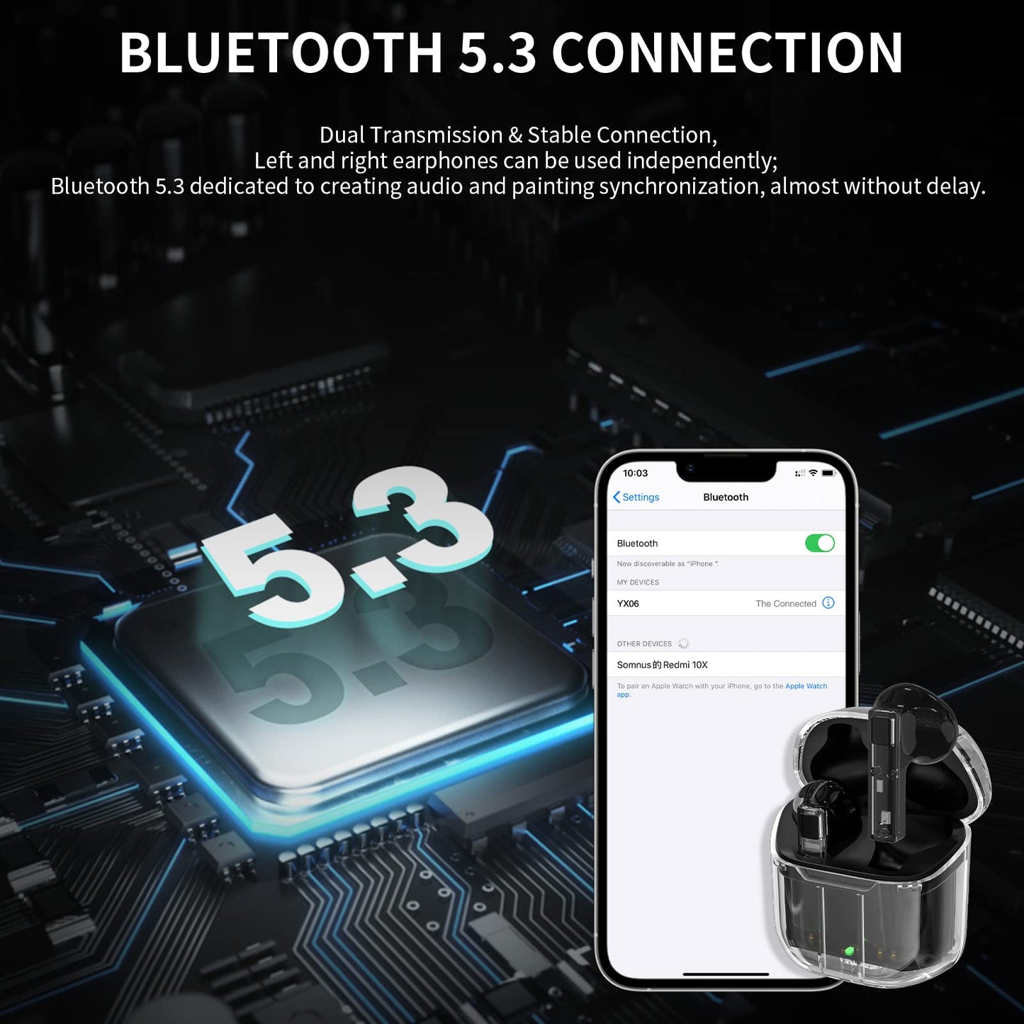 Audífonos Inalámbricos Transparentes PHOCAR , Bluetooth , Carga Rápida