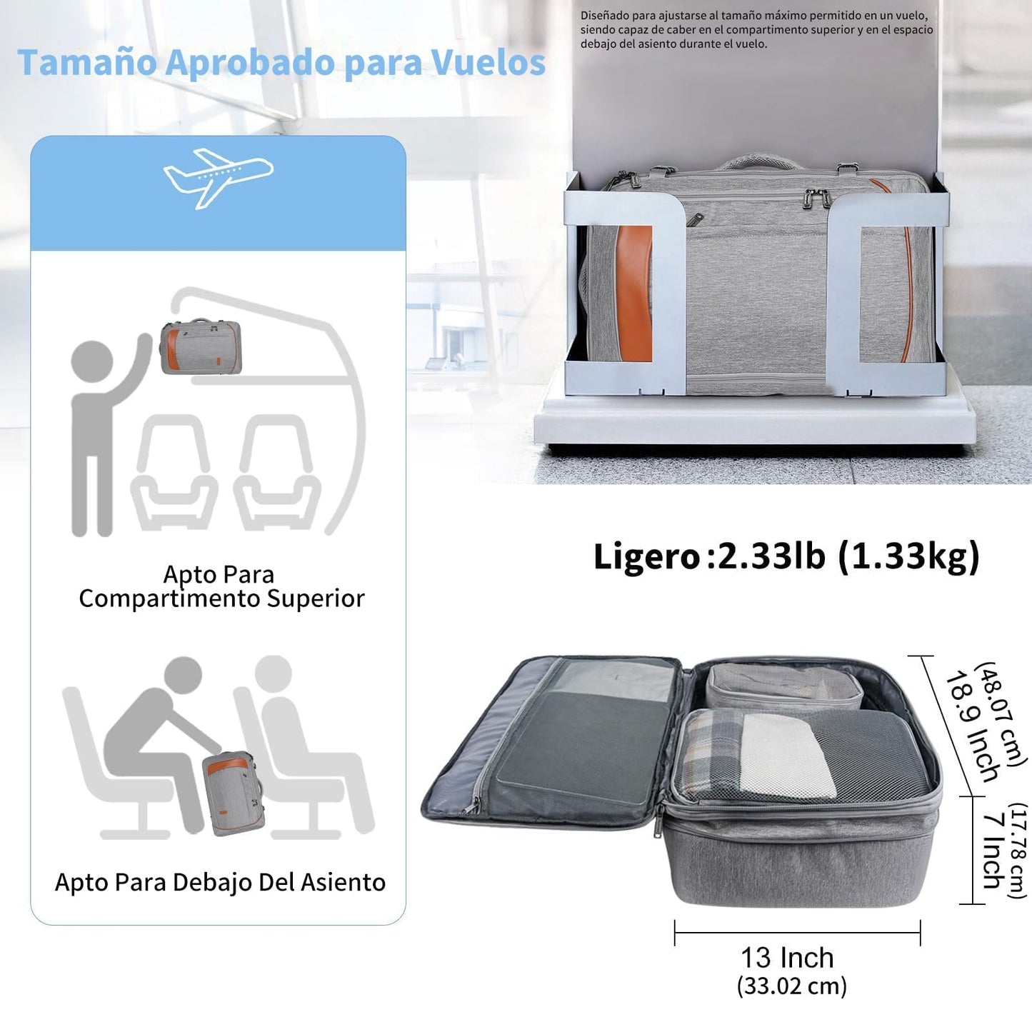 Mochila de transporte, mochila de viaje extragrande aprobada por aerolíneas de 50 con 3 cubos de embalaje para mujeres y hombres, resistente al agua expandible durante la noche, veliz de negocios.