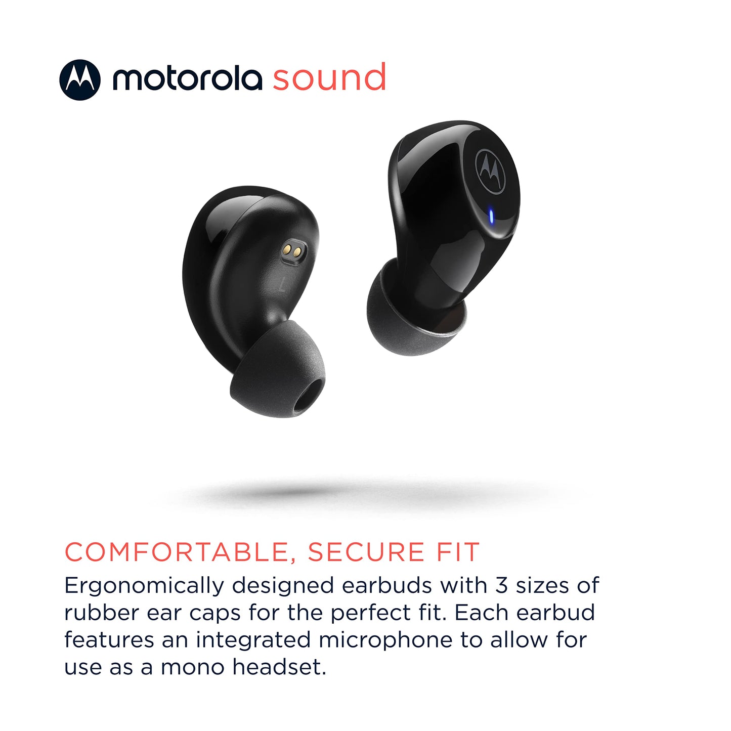 Audífonos Bluetooth Motorola Sound Moto Buds 105 control táctil y funda de microcarga, IPX5, resistente al agua, ligero, ajuste cómodo, sonido claro, color negro