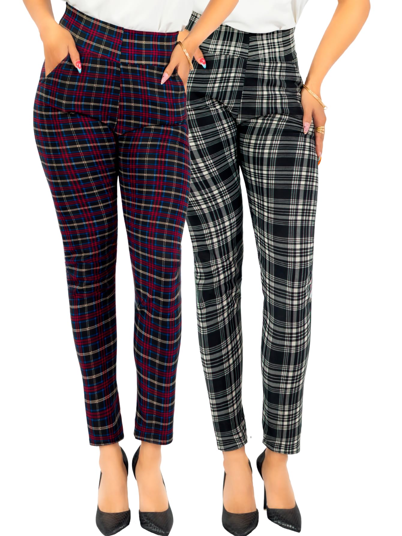 Set De 2 Leggings Elegantes Jegging Mujer a Cuadros Stretch Looks Formal y Casual Mayón y Mallones