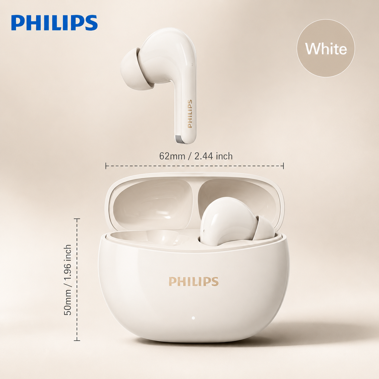 Audífonos Bluetooth Philips TAT1320WT True Wireless Blancos con Micrófono IA y Estuche de Carga