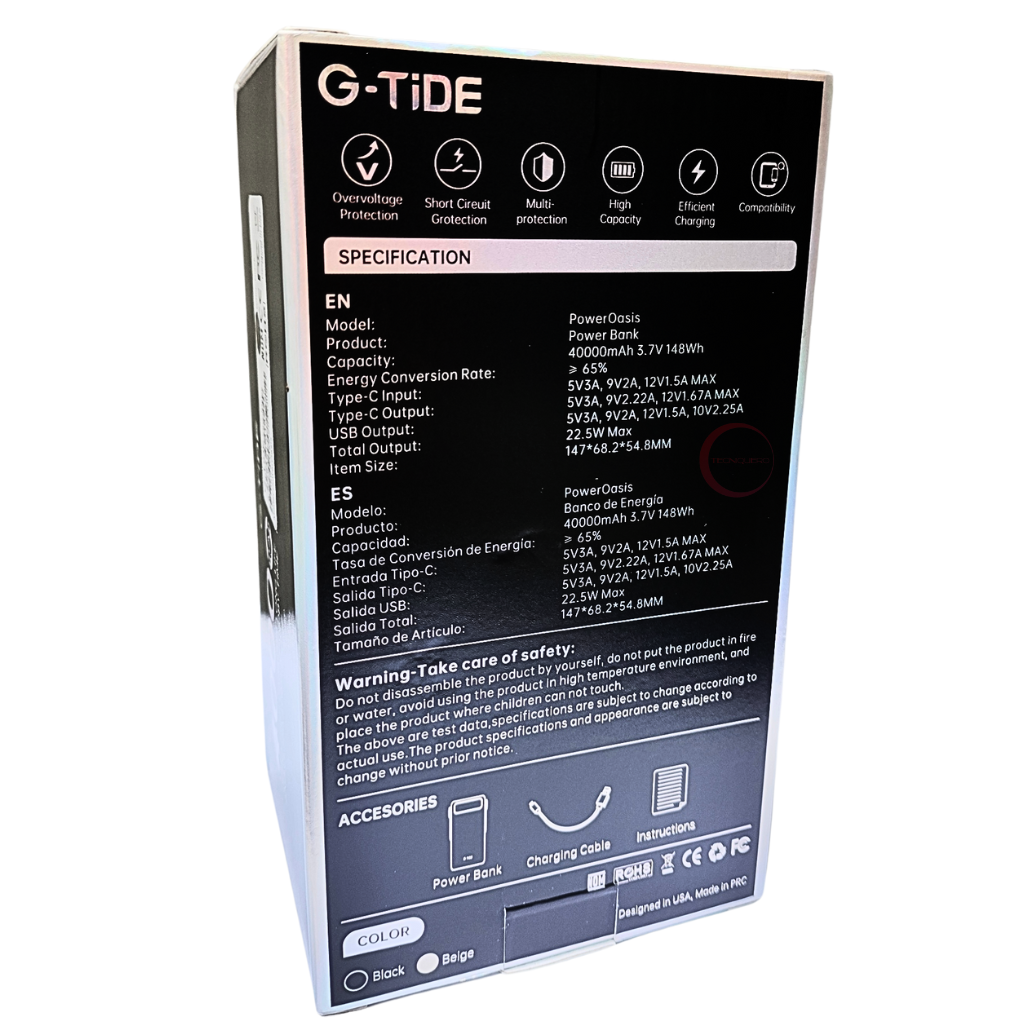 Power Bank G-Tide OASIS 40,000mAh con Carga Rápida y Lámpara - Batería Portátil de Alta Capacidad para Dispositivos Múltiples
