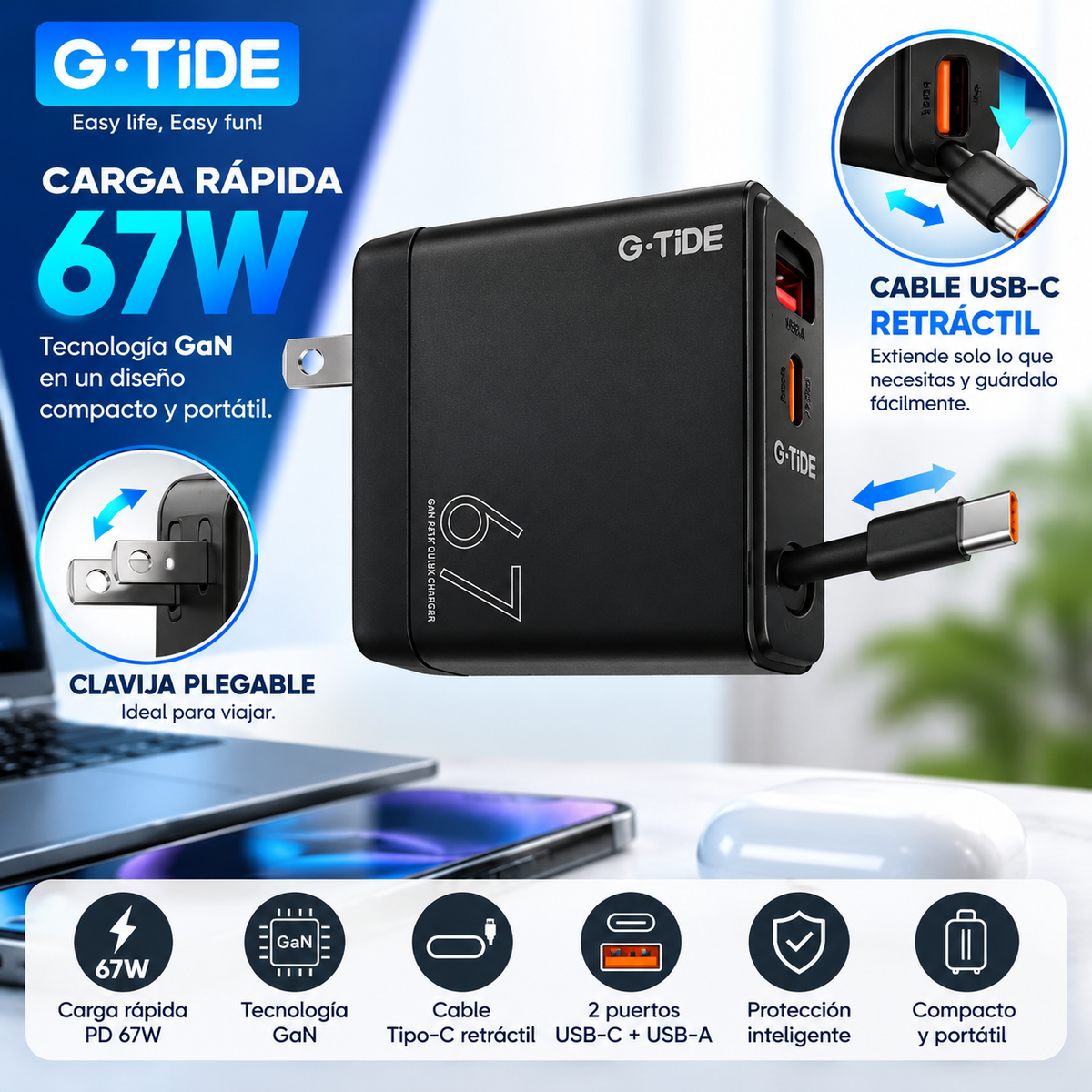 G-TiDE CP67 – Cargador GaN 67W con Cable USB-C Retráctil