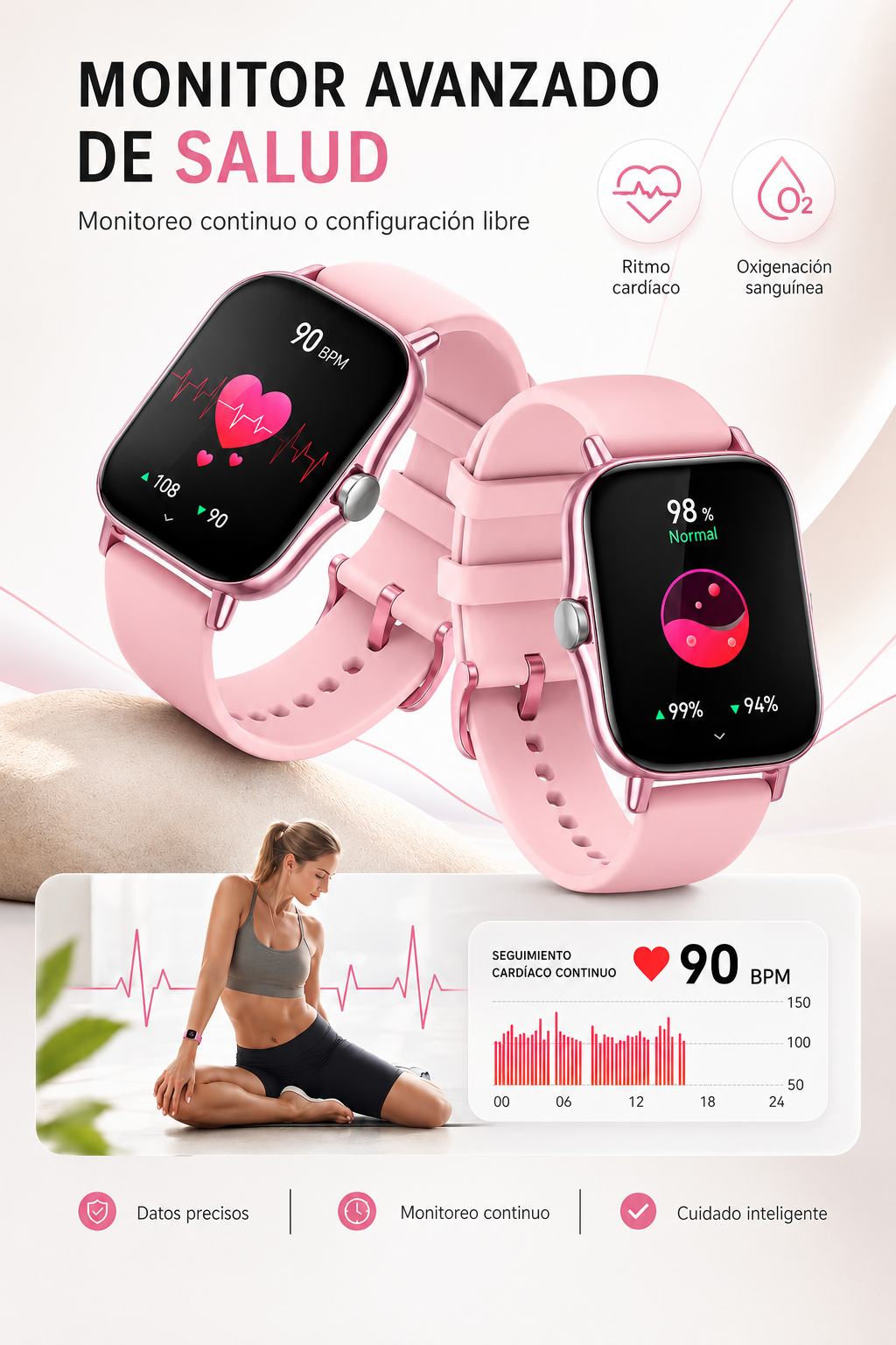 Smartwatch con Llamadas Bluetooth, Pantalla HD 1.75” FM13 , Asistente de Voz y Modos Deportivos Rosa