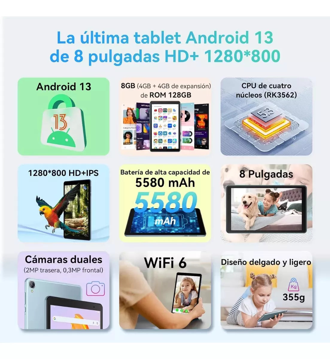 Tablet Blackview Tab50 8 Pulgadas HD 8GB RAM 4GB más 4GB Expansible 128GB ROM Ampliable 1TB WiFi 6 Android 13 Batería 5580mAh Quad Core 2.0GHz Azul