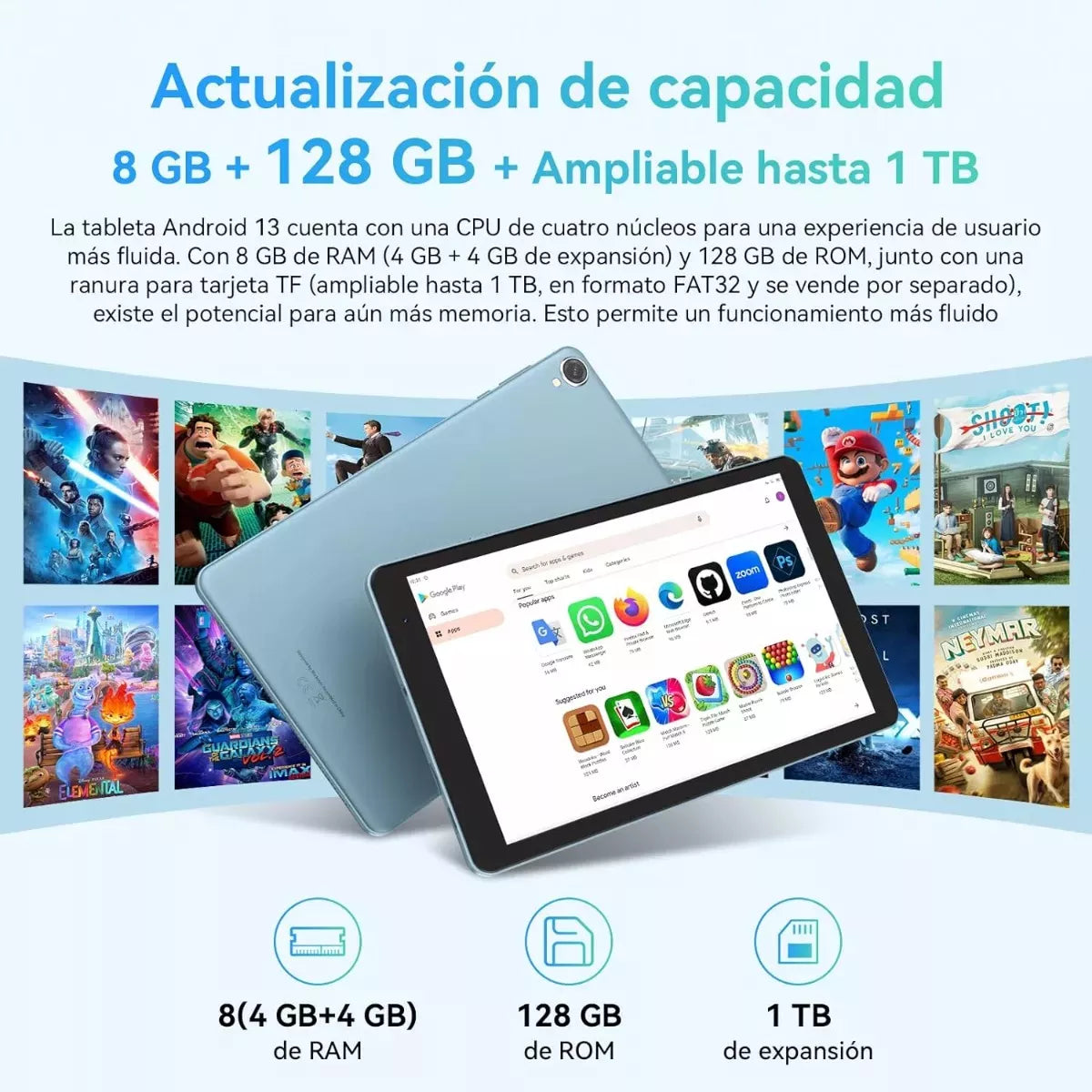 Tablet Blackview Tab50 8 Pulgadas HD 8GB RAM 4GB más 4GB Expansible 128GB ROM Ampliable 1TB WiFi 6 Android 13 Batería 5580mAh Quad Core 2.0GHz Azul