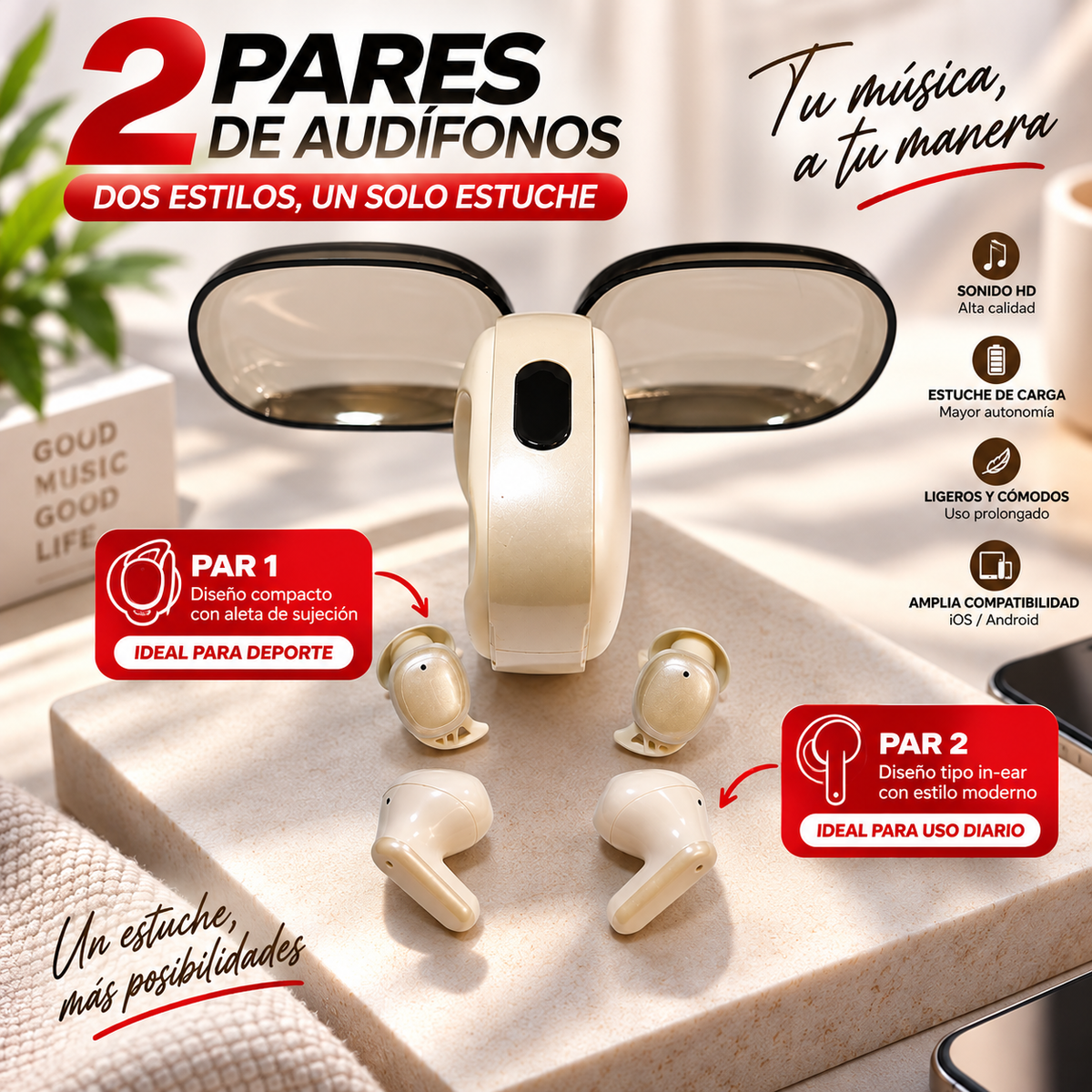 Audífonos bluetooth 2 en 1 TECNIQUERO DuoBuds 2X G86