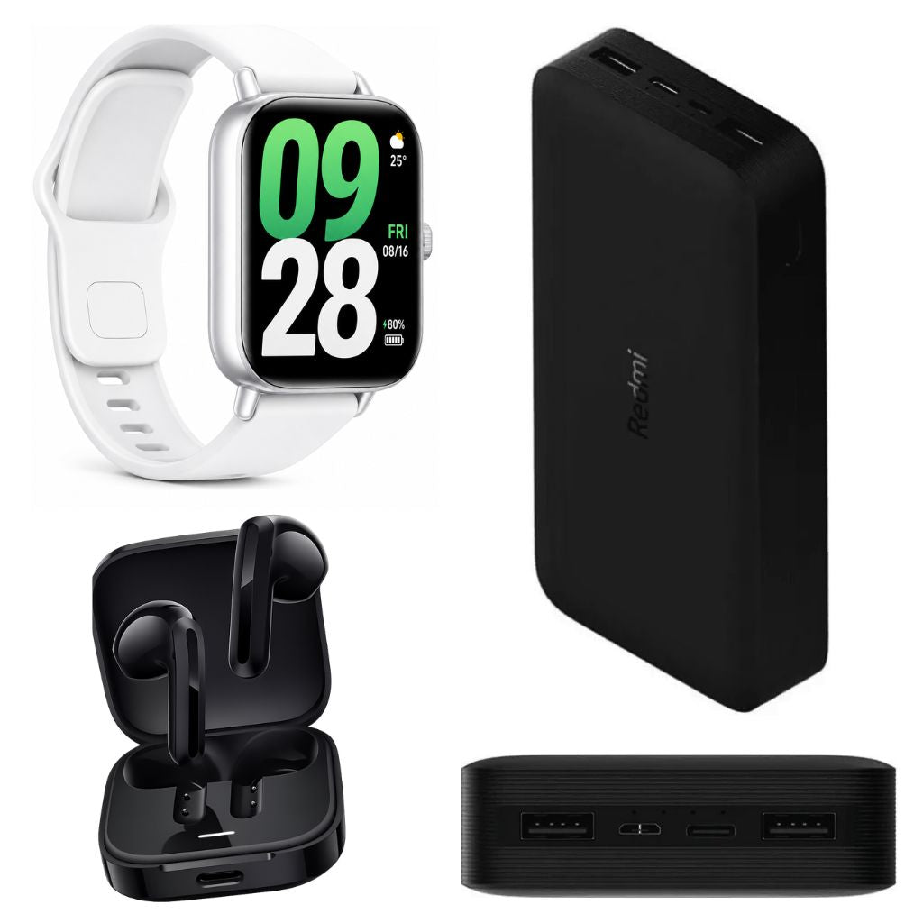 PowerBank Xiaomi Redmi Fast Charge 20000 mHa + Smartwatch Xiaomi Watch 5 Active (Plata) + Audifonos Xiaomi Buds 6 Active (Negro)