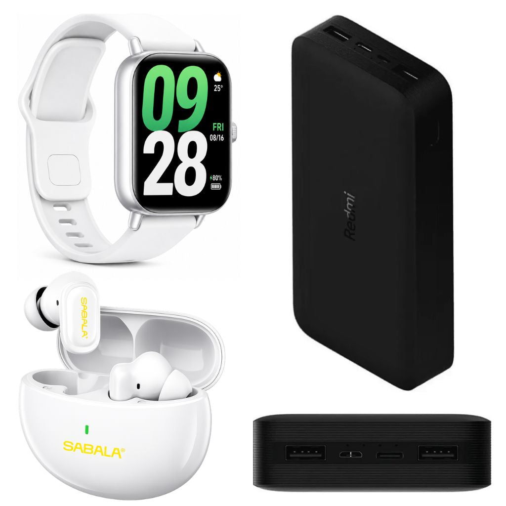 PowerBank Xiaomi Redmi Fast Charge 20000 mHa + Smartwatch Xiaomi Watch 5 Active (Plata) + Audifonos Inalámbricos SABALA ST-765