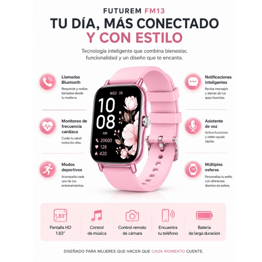Smartwatch FUTUREM FM13 (Rosa) + Audífonos Buds 6 play (Rosa)