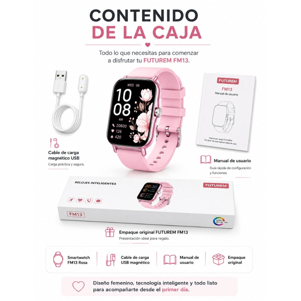 Smartwatch FUTUREM FM13 (Rosa) + Audífonos Buds 6 play (Rosa)