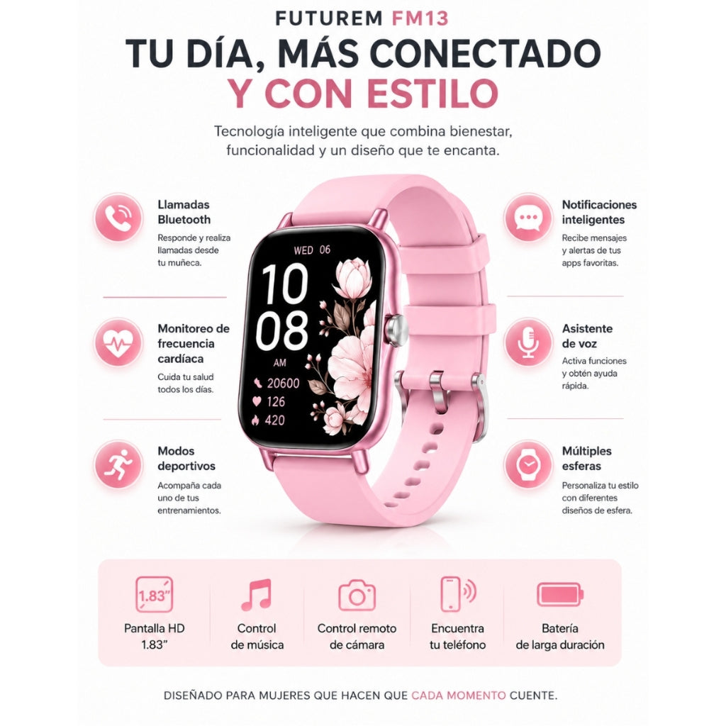 Smartwatch FUTUREM FM13 (Rosa) + Audífonos G-Tide L42 (Rosa)