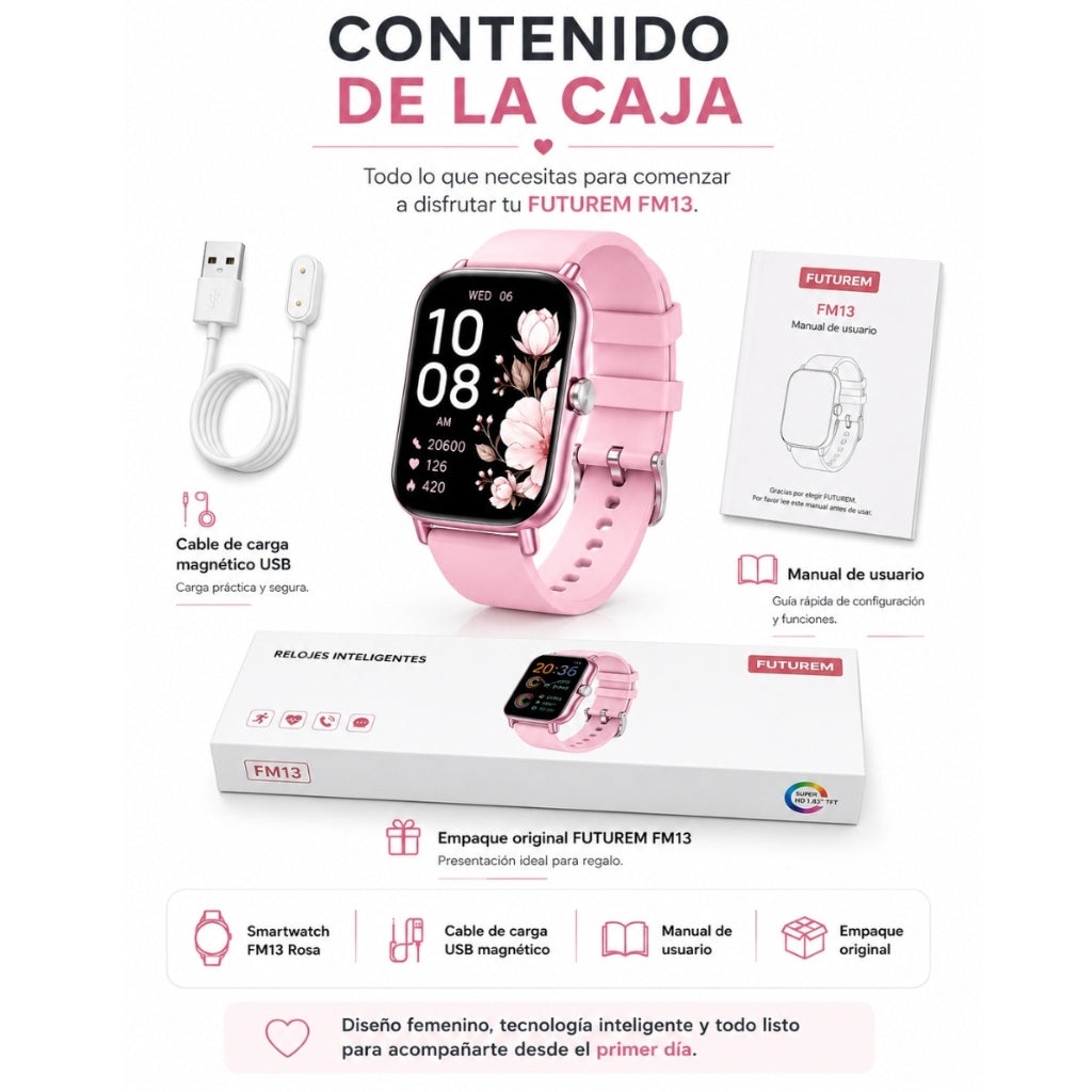 Smartwatch FUTUREM FM13 (Rosa) + Audífonos G-Tide L42 (Rosa)