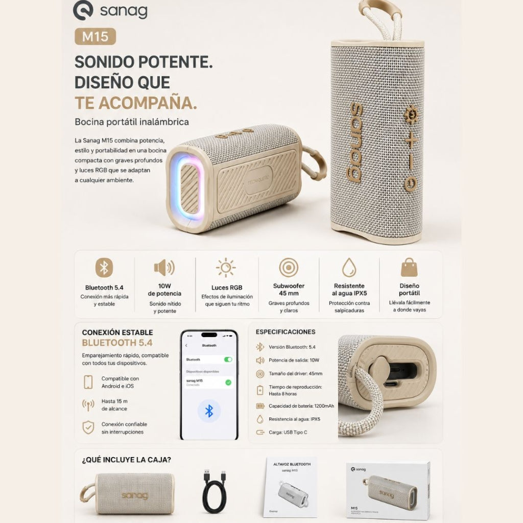 BOCINA SANAG M15 (BEIGE) + AUDÍFONOS G-TIDE OWS 8 (BEIGE) + SMARTWATCH FILWANS GTS MINI (DORADO)