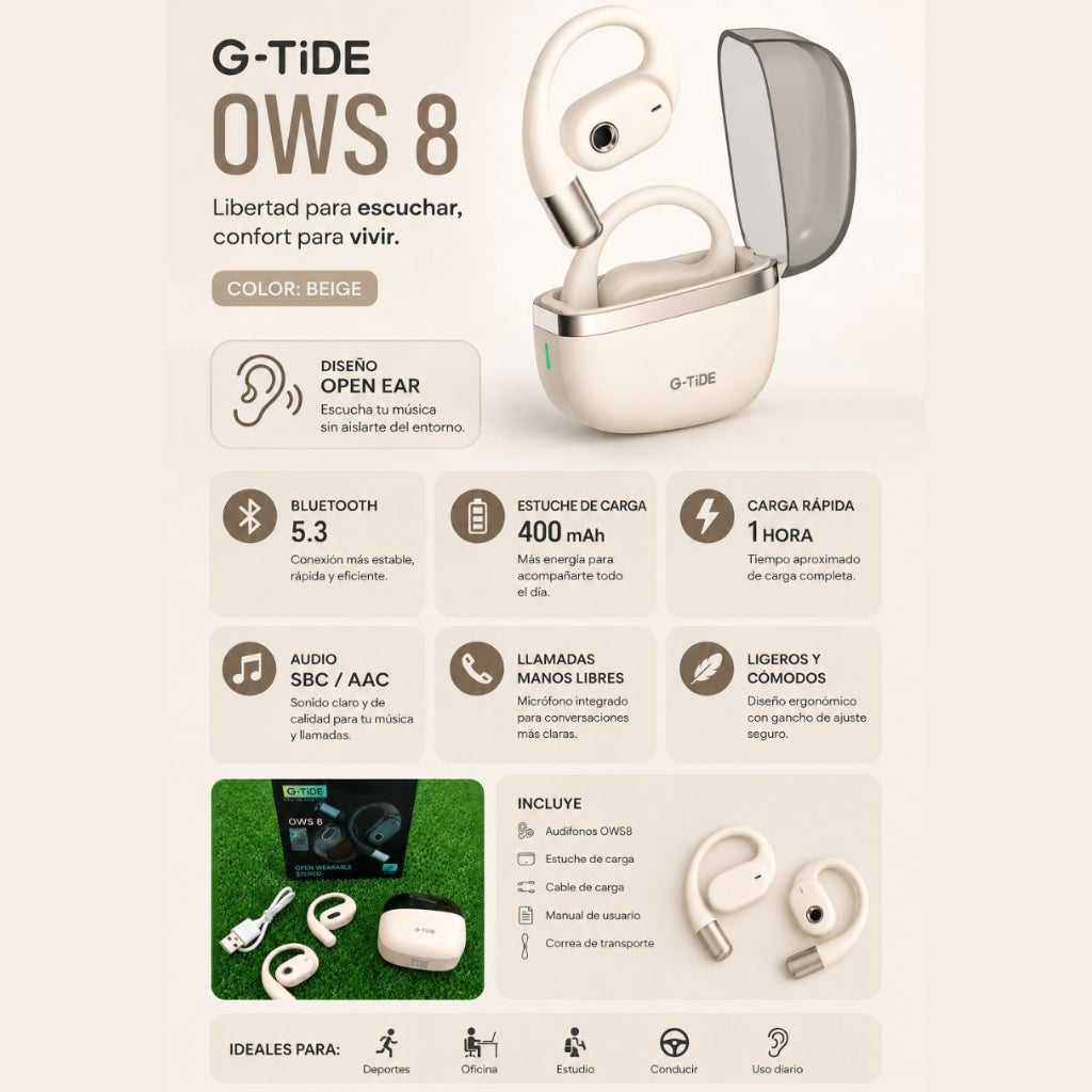 BOCINA SANAG M15 (BEIGE) + AUDÍFONOS G-TIDE OWS 8 (BEIGE) + SMARTWATCH FILWANS GTS MINI (DORADO)