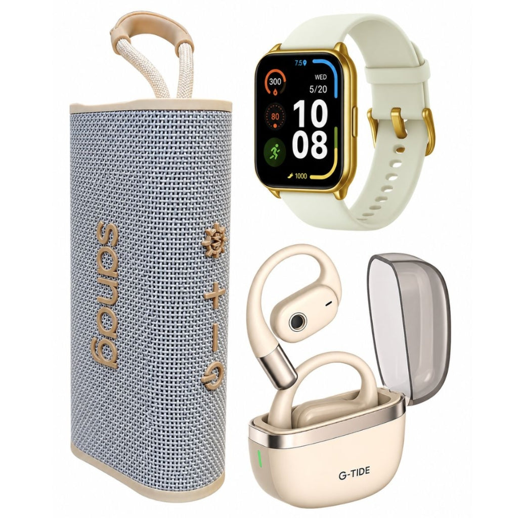 BOCINA SANAG M15 (BEIGE) + AUDÍFONOS G-TIDE OWS 8 (BEIGE) + SMARTWATCH FILWANS GTS MINI (DORADO)