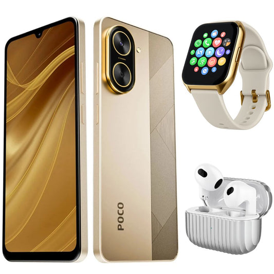 Smartphone XIAOMI POCO C71 4/128 GB (Dorado) con Smartwatch FILWANS GTS MINI (Dorada) y Audifonos G-Tide H21