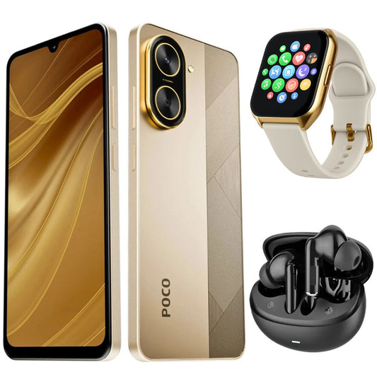 Smartphone XIAOMI POCO C71 4/128 GB (Dorado) con Smartwatch FILWANS GTS MINI (Dorada) y Audifonos G-Tide L42 (Negro)