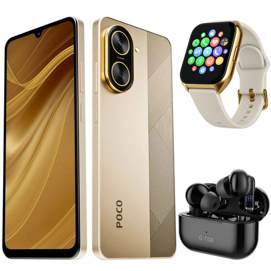 Smartphone XIAOMI POCO C71 4128 GB (Dorado) con Smartwatch FILWANS GTS MINI (Dorada) y Audifonos G-Tide L22 (Negro)