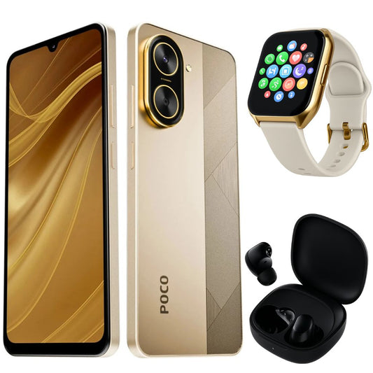 Smartphone XIAOMI POCO C71 4/128 GB (Dorado) con Smartwatch FILWANS GTS MINI (Dorada) y Audifonos Xiaomi Buds 6 Play (Negro)