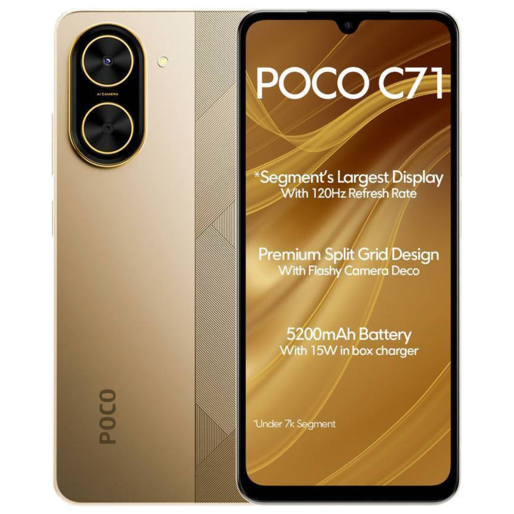 Smartphone XIAOMI POCO C71 4/128 GB (dorado) con Smartwatch FILWANS GTS MINI (dorada) y Bocina 1HORA BOC244 (roja)