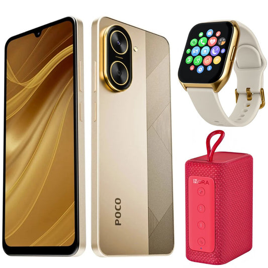 Smartphone XIAOMI POCO C71 4/128 GB (dorado) con Smartwatch FILWANS GTS MINI (dorada) y Bocina 1HORA BOC244 (roja)