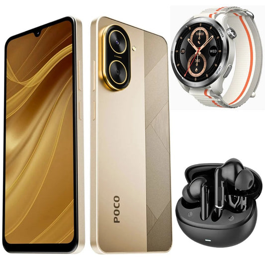 Smartphone XIAOMI POCO C71 4/128 GB (Dorado) con Smartwatch FILWANS GTR LITE (Plata) y Audifonos G-Tide L42 (Negro)
