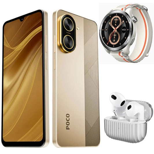 Smartphone XIAOMI POCO C71 4/128 GB (Dorado) con Smartwatch FILWANS GTR LITE (Plata) y Audifonos G-Tide H21 (Plata)