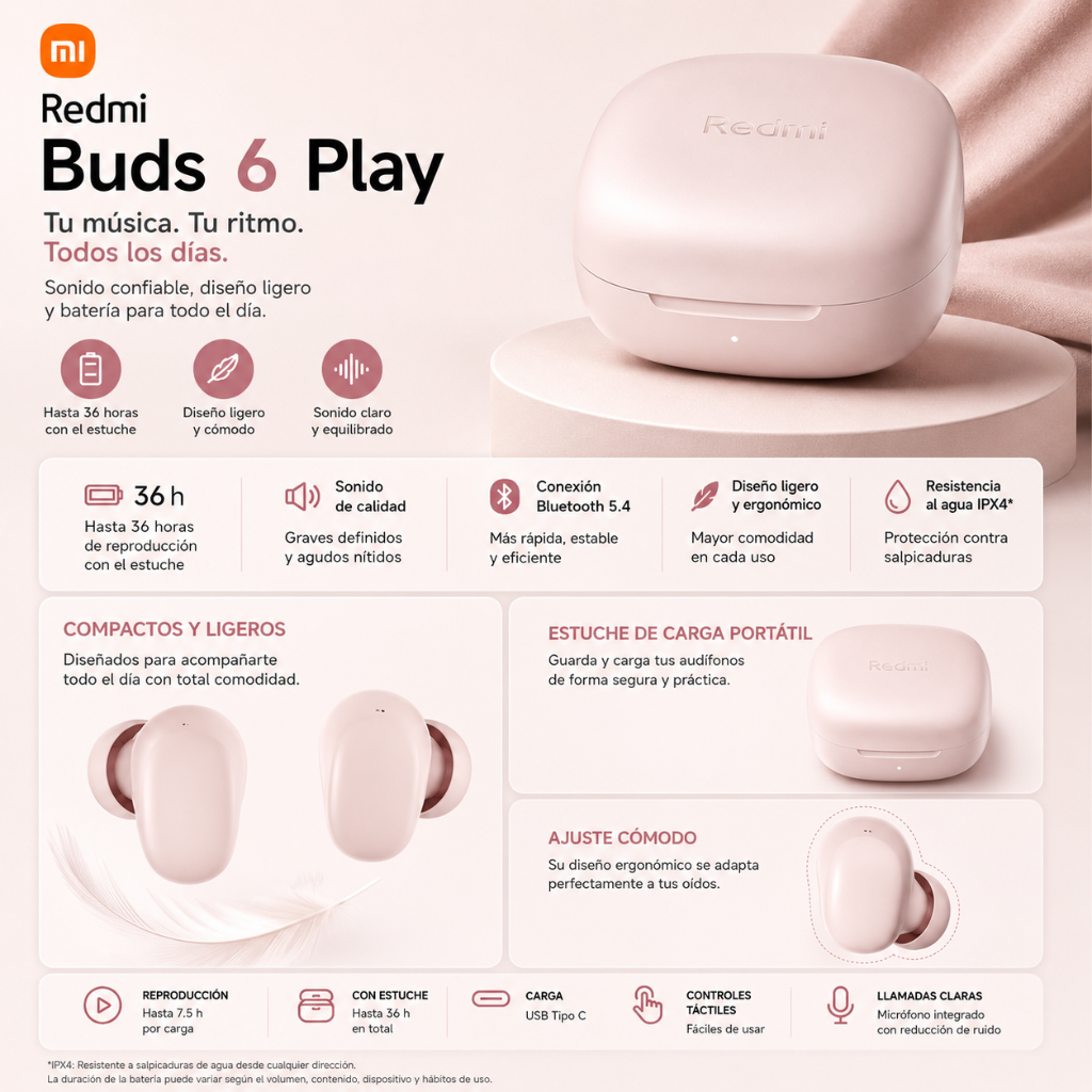 SMARTWATCH FUTUREM DW01 (DORADO) + AUDIFONOS REDMI BUDS 6 PLAY (ROSA) + BOCINA SANAG X6S (ROSA)
