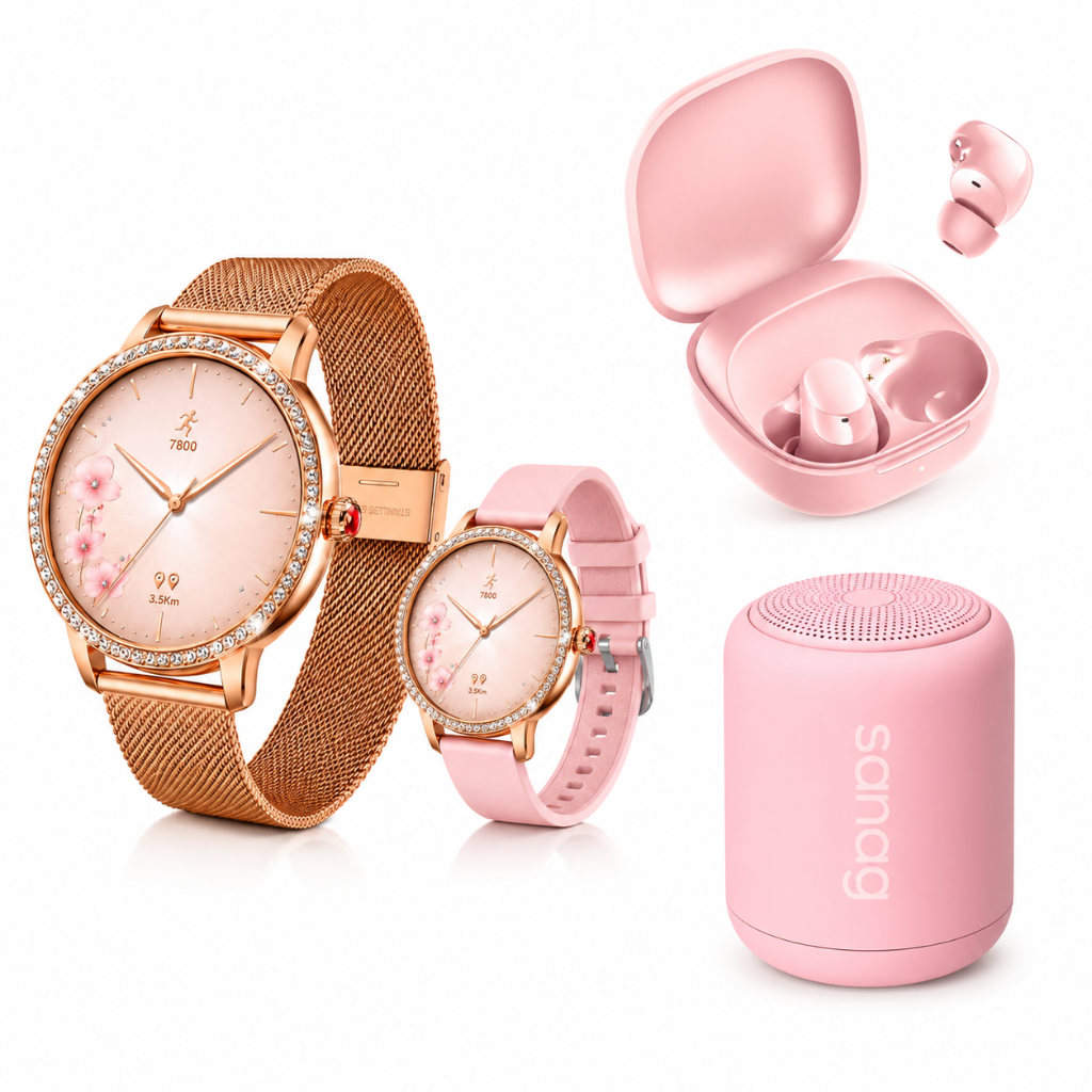 SMARTWATCH FUTUREM DW01 (DORADO) + AUDIFONOS REDMI BUDS 6 PLAY (ROSA) + BOCINA SANAG X6S (ROSA)