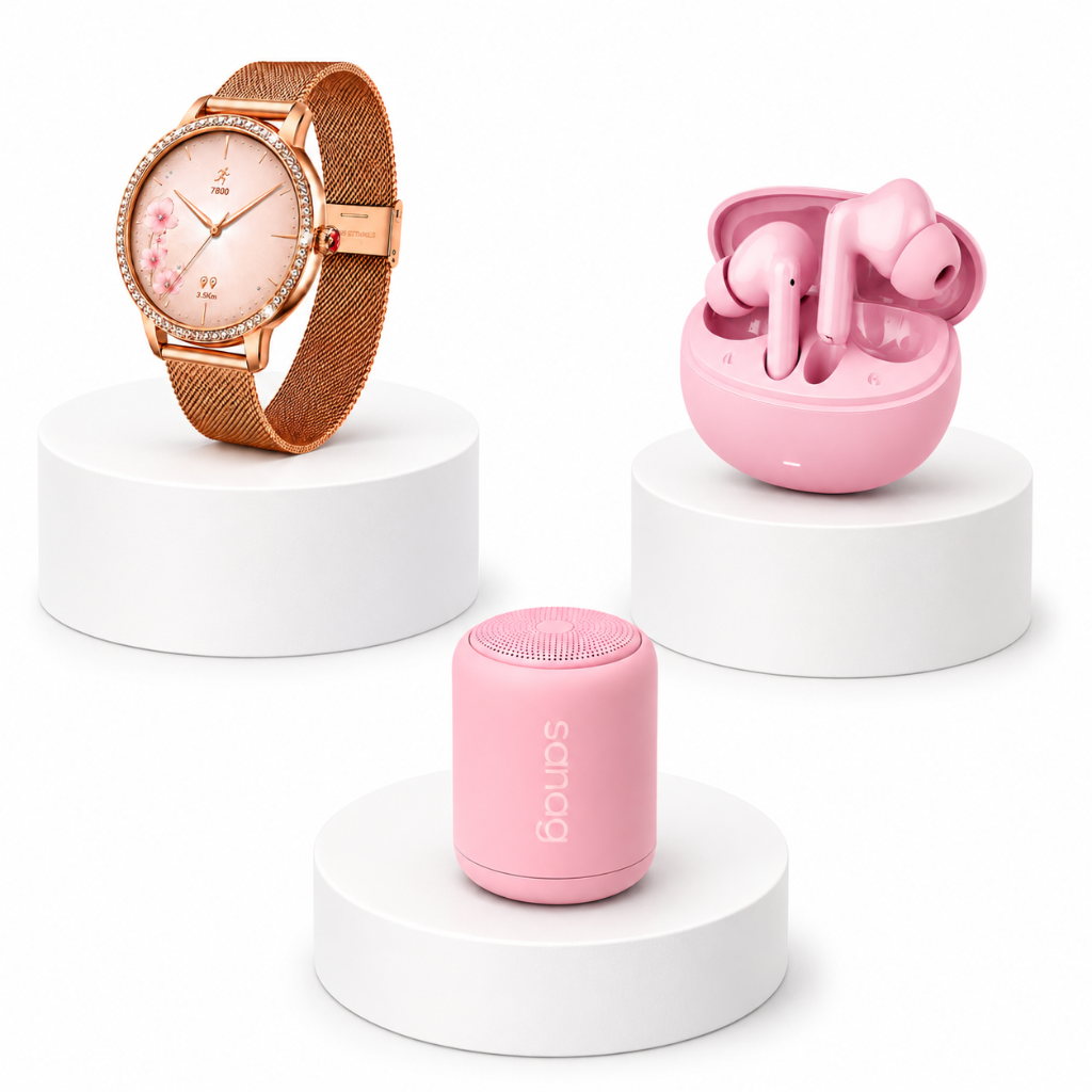 SMARTWATCH FUTUREM DW01 (DORADO) + AUDIFONOS G-TIDE L42 (ROSA) + BOCINA SANAG X6S (ROSA)