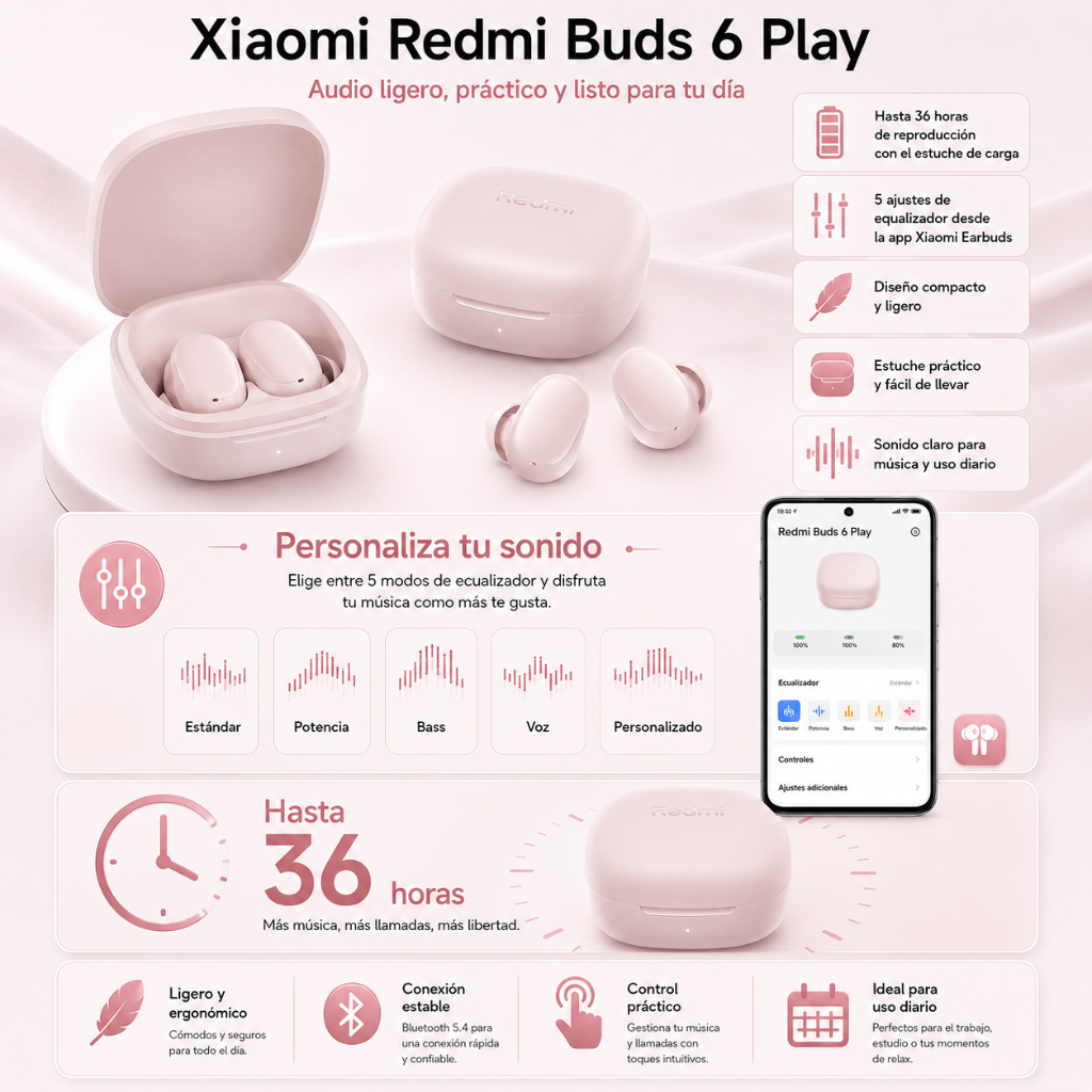 SMARTWATCH FUTUREM DW01 (DORADO) + AUDIFONOS REDMI BUDS 6 PLAY (ROSA)