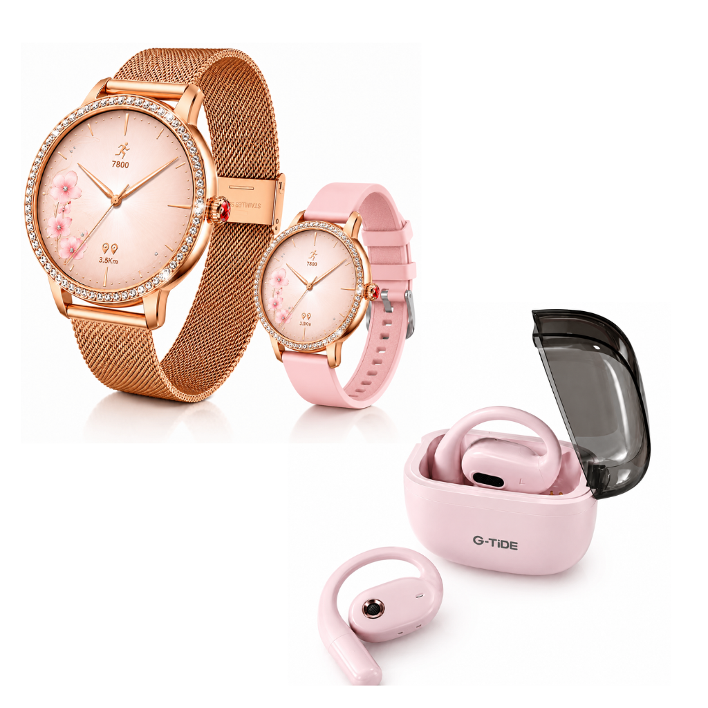 SMARTWATCH FUTUREM DW01 (DORADO) + AUDIFONOS G-TIDE OWS 8 (ROSA)