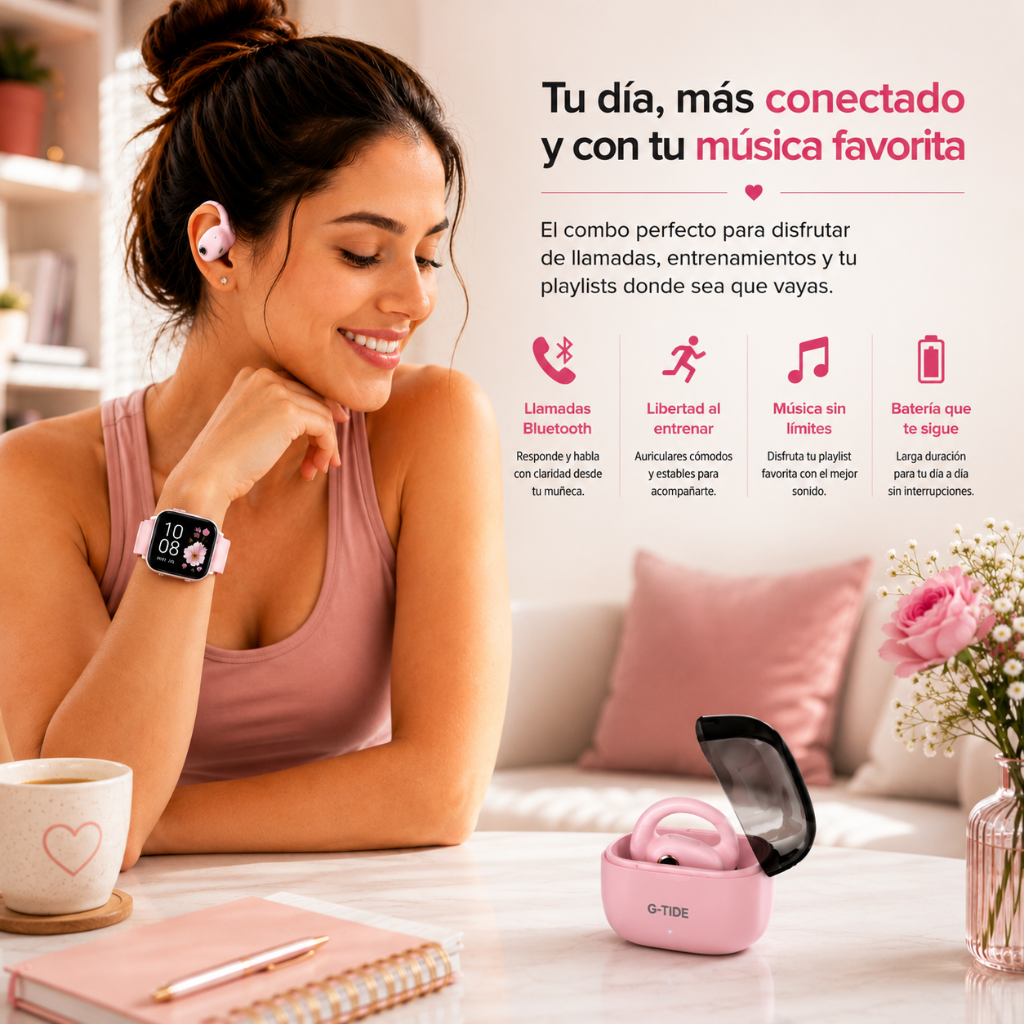 Smartwatch Futurem  FM13 (Rosa) + Audifonos G-tide OWS 8 (Rosa)