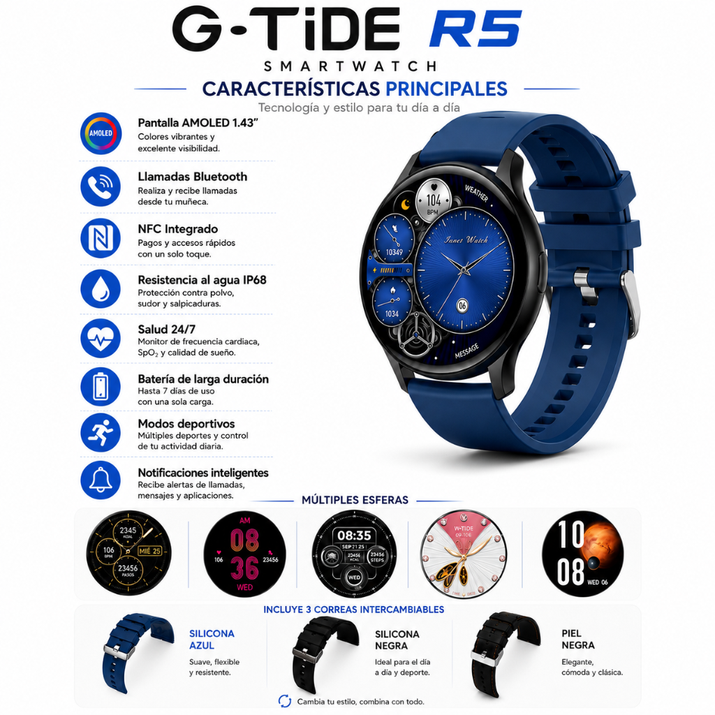 SMARTWATCH G-TIDE R5 (NEGRO) + AUDIFONOS REDMI BUDS 6 PLAY (NEGRO)