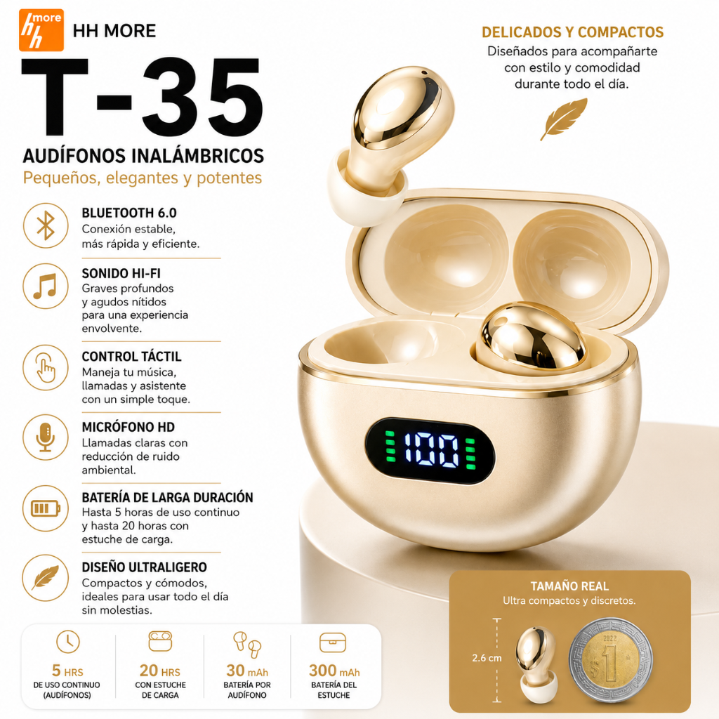 SMARTWATCH G-TIDE S5 PRO (CORREAS: CUERO, MARFIL, NARANJA) + AUDIFONOS HH MORE MINI T-35 (DORADO)