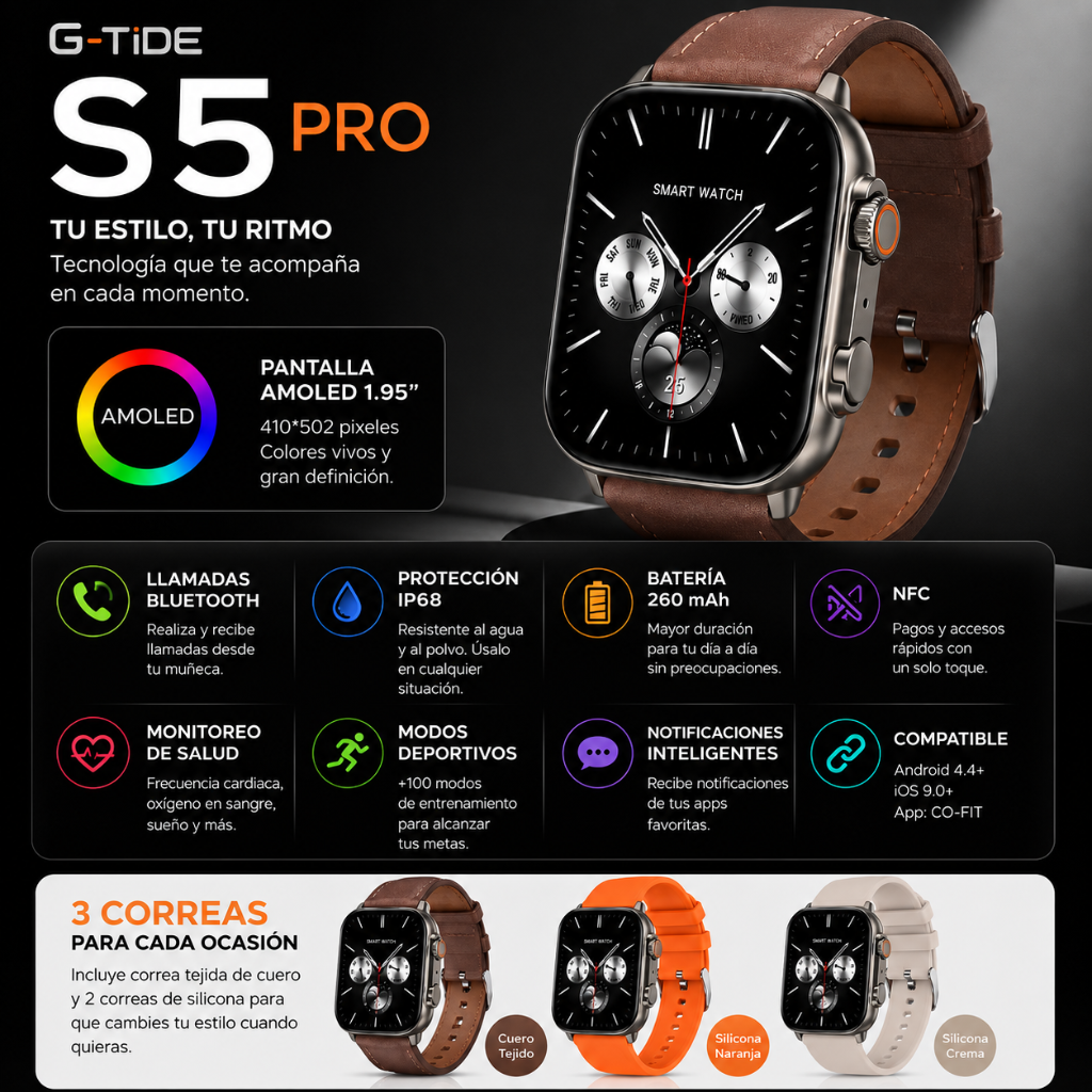 SMARTWATCH G-TIDE S5 PRO (CORREAS: CUERO, MARFIL, NARANJA) + AUDIFONOS REDMI BUDS 6 PLAY (NEGRO)