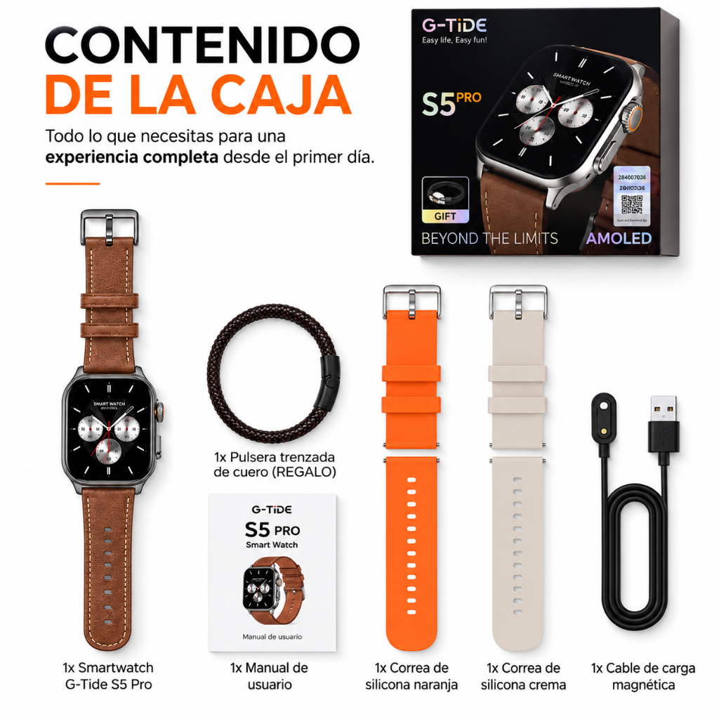 SMARTWATCH G-TIDE S5 PRO (CORREAS: CUERO, MARFIL, NARANJA) + AUDIFONOS REDMI BUDS 6 PLAY (NEGRO)