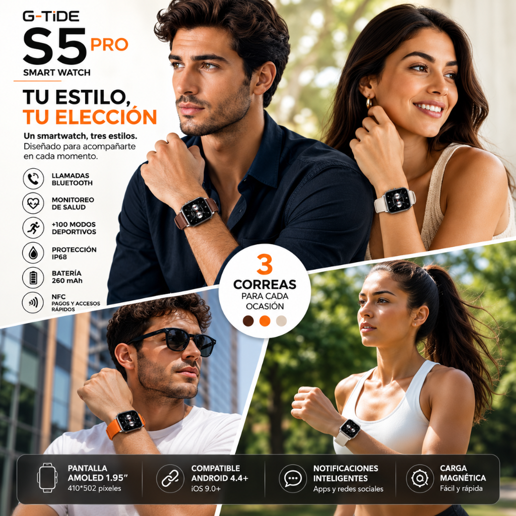 SMARTWATCH G-TIDE S5 PRO (CORREAS: CUERO, MARFIL, NARANJA) + AUDIFONOS REDMI BUDS 6 PLAY (NEGRO)