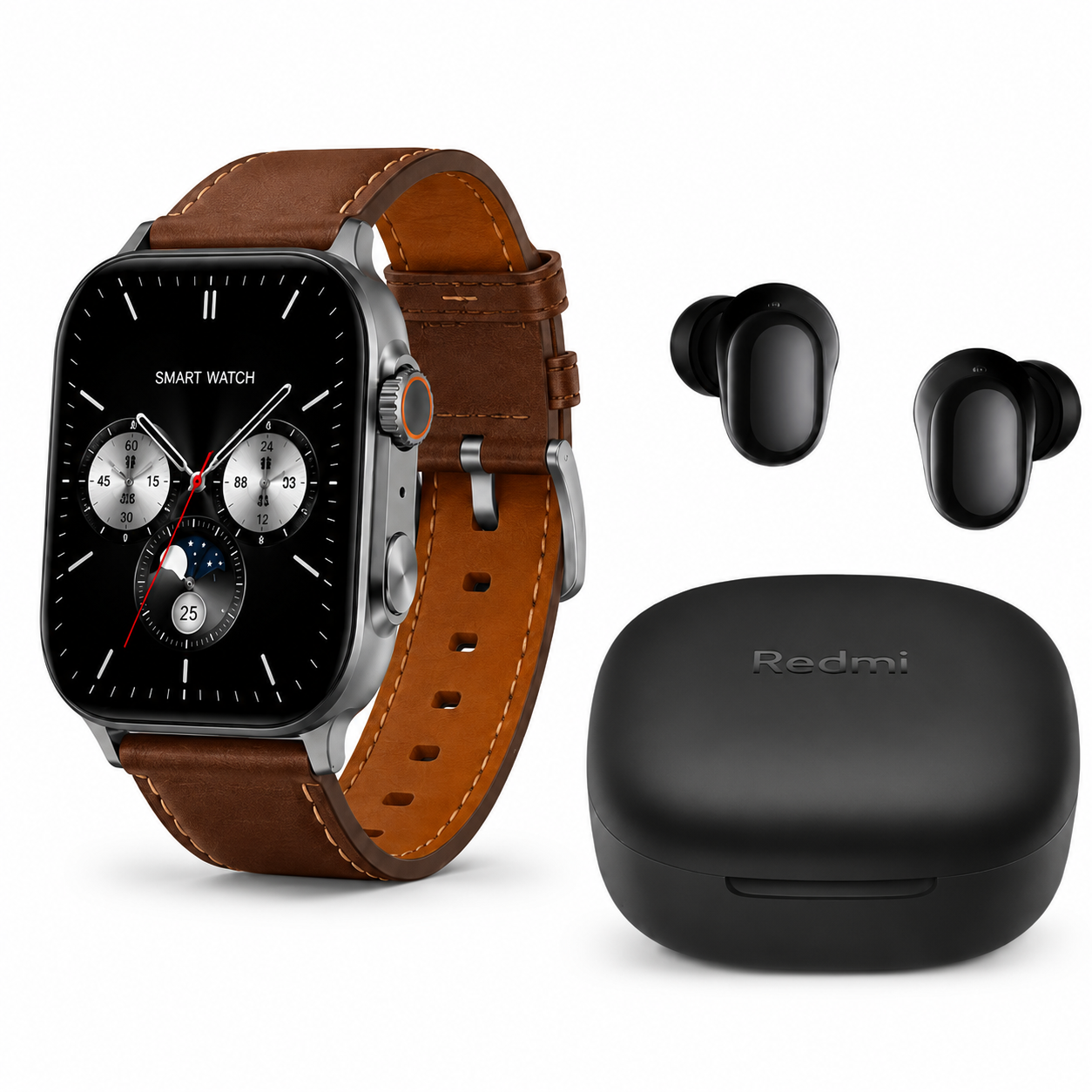 SMARTWATCH G-TIDE S5 PRO (CORREAS: CUERO, MARFIL, NARANJA) + AUDIFONOS REDMI BUDS 6 PLAY (NEGRO)