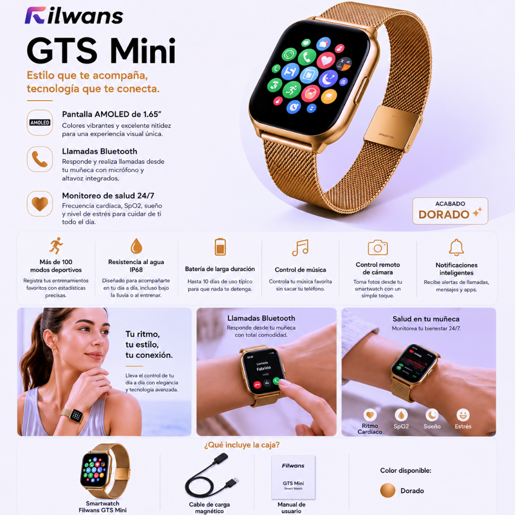 BOCINA XIAOMI SOUND POCKET (ROSA)+ SMARTWATCH FILWANS GTS MINI (DORADA) + AUDIFONOS G-TIDE OWS8 (ROSA)
