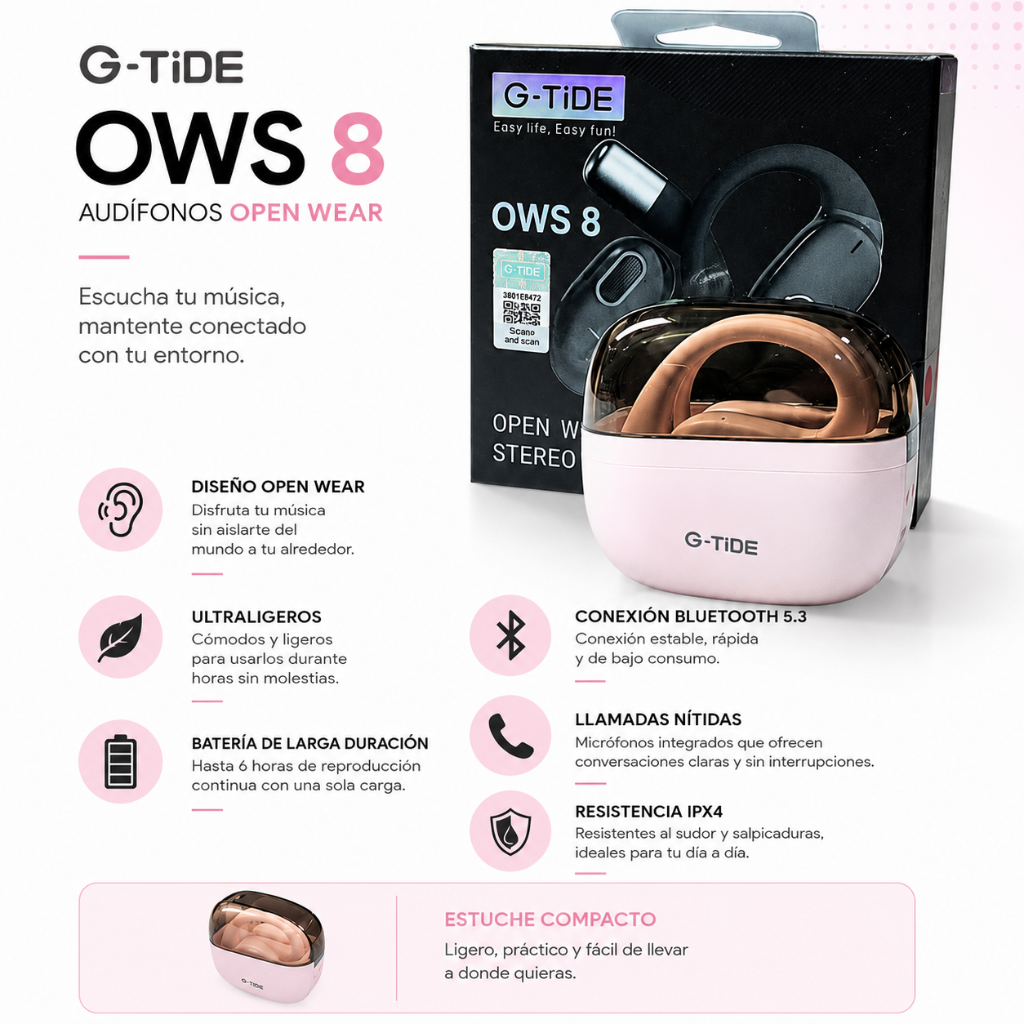 BOCINA XIAOMI SOUND POCKET (ROSA)+ SMARTWATCH FILWANS GTS MINI (DORADA) + AUDIFONOS G-TIDE OWS8 (ROSA)